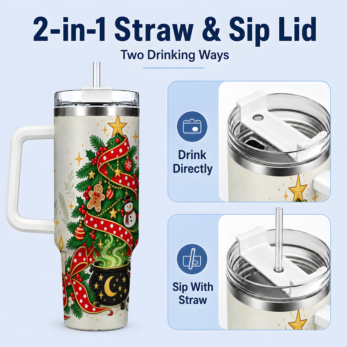 #pl[40oz|White] Spooky Christmas Tree Tumbler, 40oz Handled Stainless Steel Cup