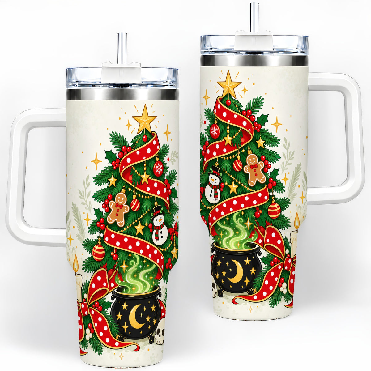 Spooky Christmas Tree Tumbler, 40oz Handled Stainless Steel Cup