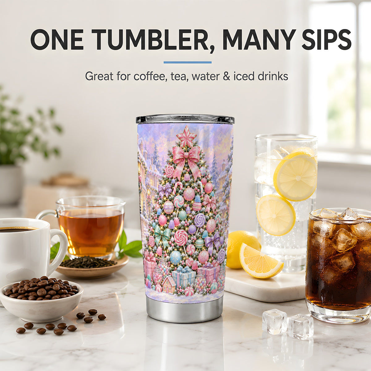 Candy Christmas Tree Tumbler, 20oz Stainless Steel Pastel Design