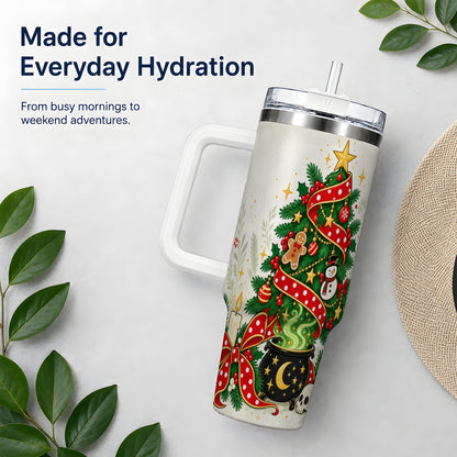 Spooky Christmas Tree Tumbler, 40oz Handled Stainless Steel Cup