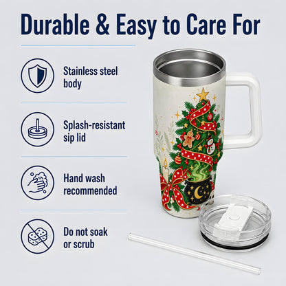 Spooky Christmas Tree Tumbler, 40oz Handled Stainless Steel Cup