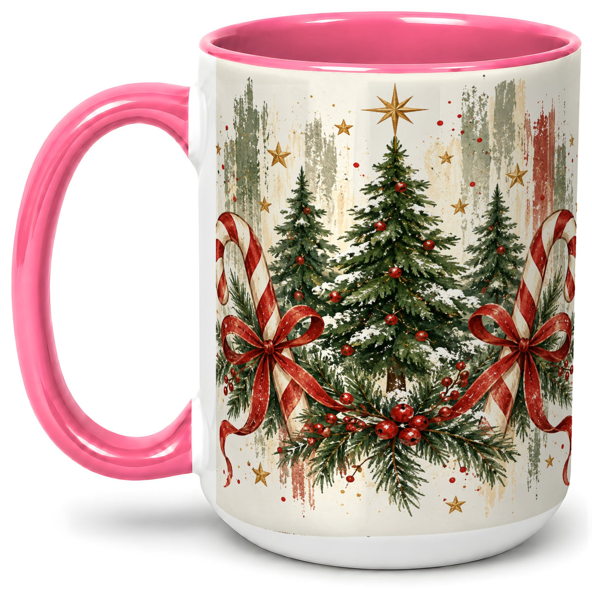 #pl[15oz|Pink] Rustic Christmas Trees Accent Mug, Ceramic Holiday Coffee Cup