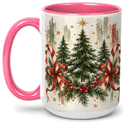 #pl[15oz|Pink] Rustic Christmas Trees Accent Mug, Ceramic Holiday Coffee Cup