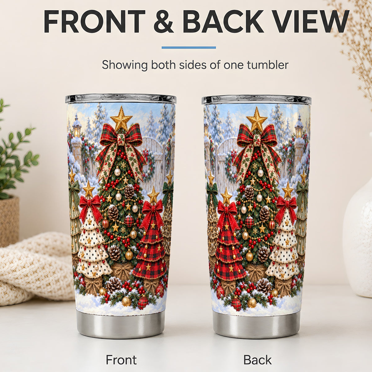 #pl[20oz|Steel] Plaid Christmas Trees Tumbler, 20oz Stainless Steel Holiday Design