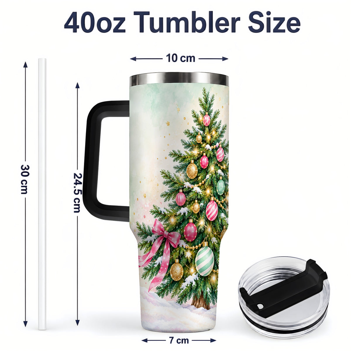 #pl[40oz|Black] Pastel Christmas Tree Tumbler, 40oz Handled Stainless Steel Drinkware