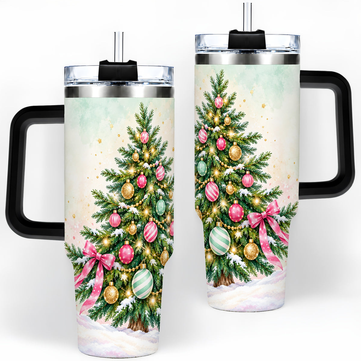 #pl[40oz|Black] Pastel Christmas Tree Tumbler, 40oz Handled Stainless Steel Drinkware