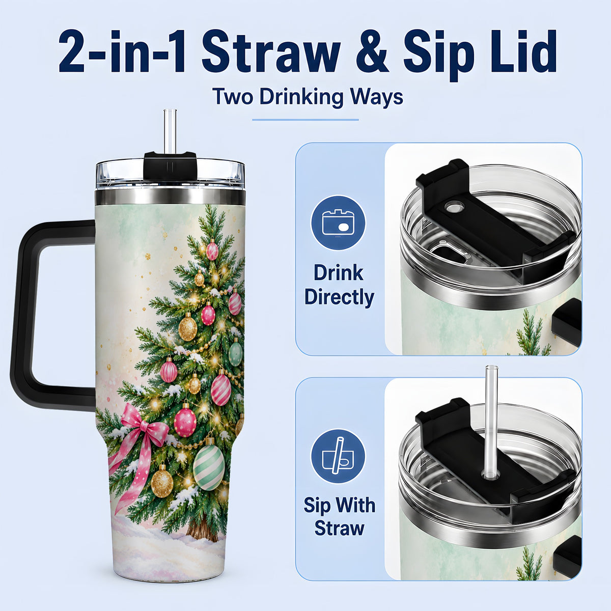 #pl[40oz|Black] Pastel Christmas Tree Tumbler, 40oz Handled Stainless Steel Drinkware
