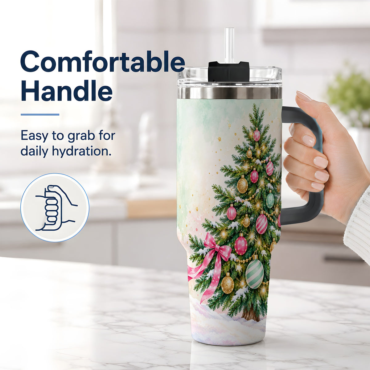 #pl[40oz|Black] Pastel Christmas Tree Tumbler, 40oz Handled Stainless Steel Drinkware