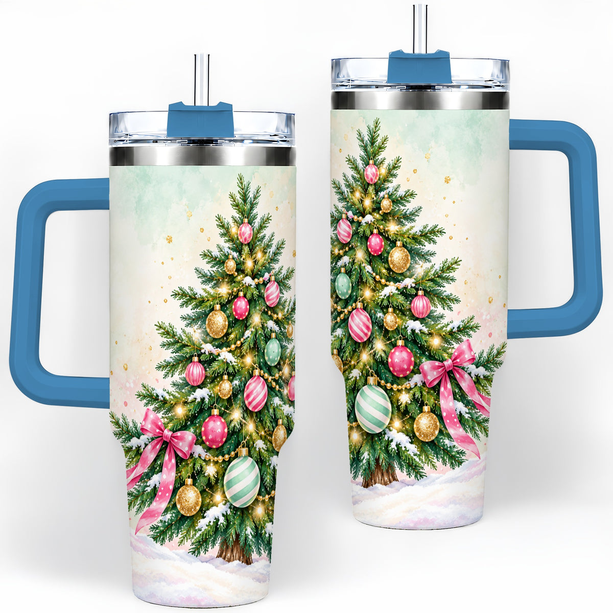 #pl[40oz|Blue] Pastel Christmas Tree Tumbler, 40oz Handled Stainless Steel Drinkware