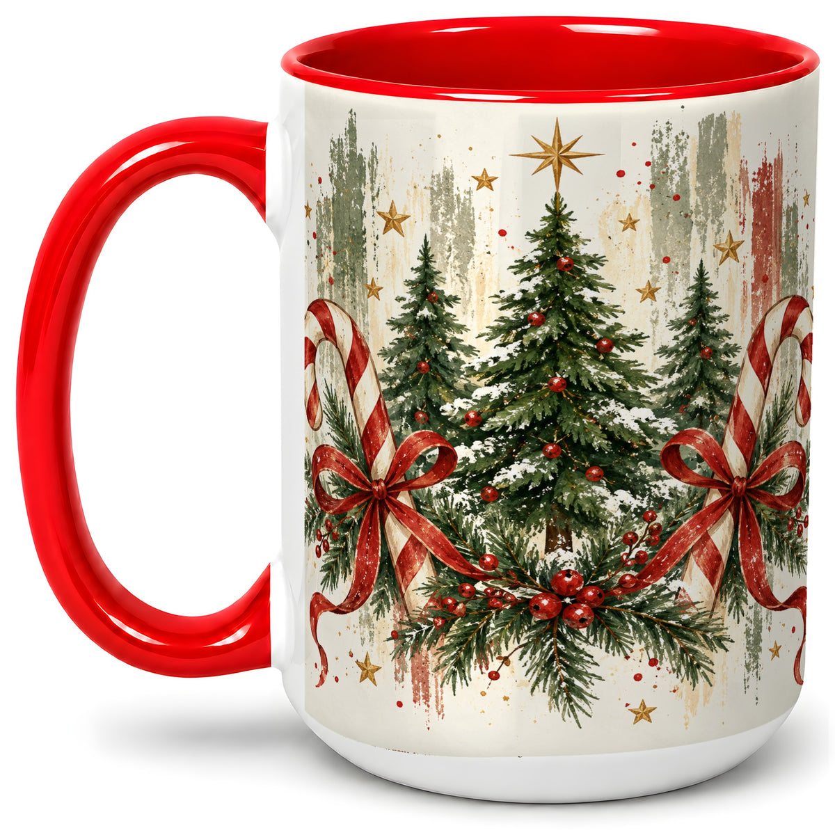 #pl[15oz|Red] Rustic Christmas Trees Accent Mug, Ceramic Holiday Coffee Cup
