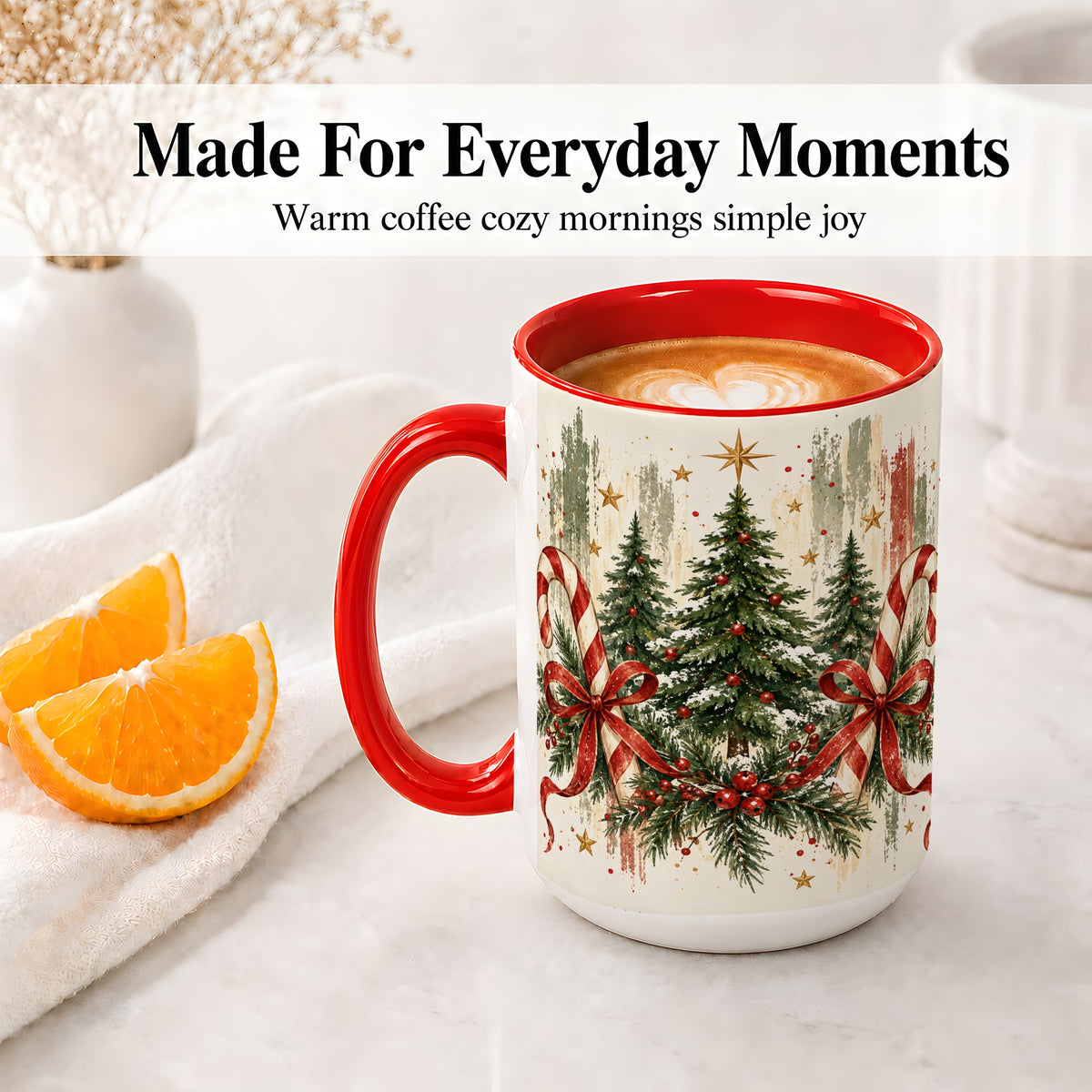 #pl[15oz|Red] Rustic Christmas Trees Accent Mug, Ceramic Holiday Coffee Cup