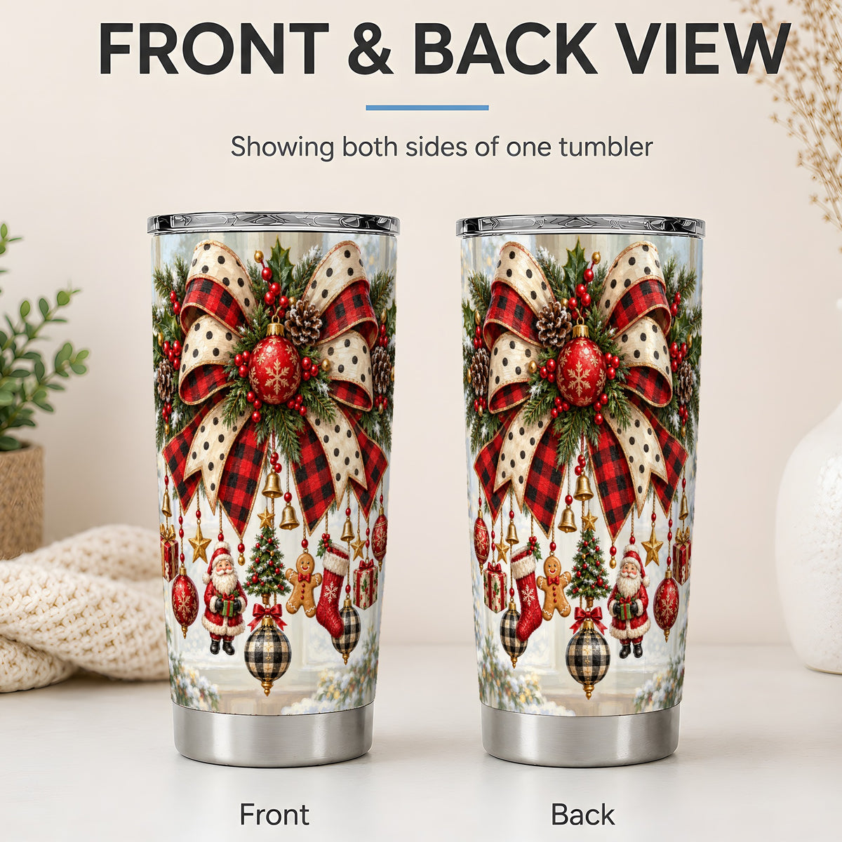 #pl[20oz|Steel] Plaid Christmas Bow Tumbler, 20oz Stainless Steel Ornament Design