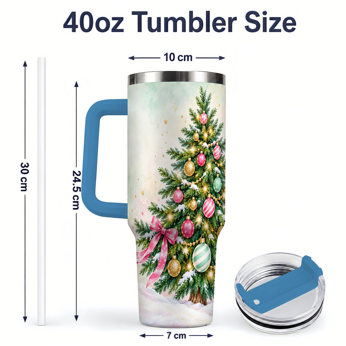 #pl[40oz|Blue] Pastel Christmas Tree Tumbler, 40oz Handled Stainless Steel Drinkware