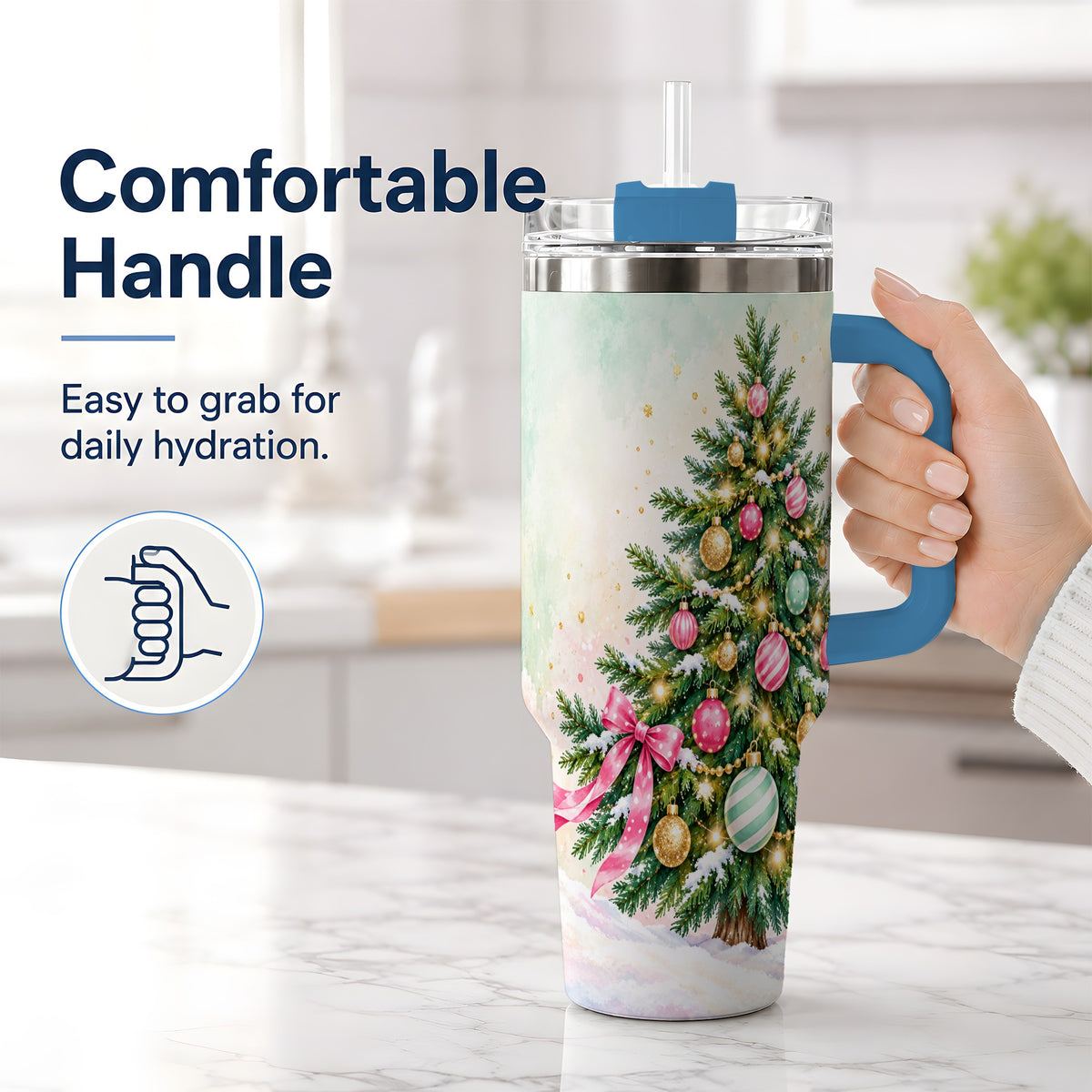 #pl[40oz|Blue] Pastel Christmas Tree Tumbler, 40oz Handled Stainless Steel Drinkware