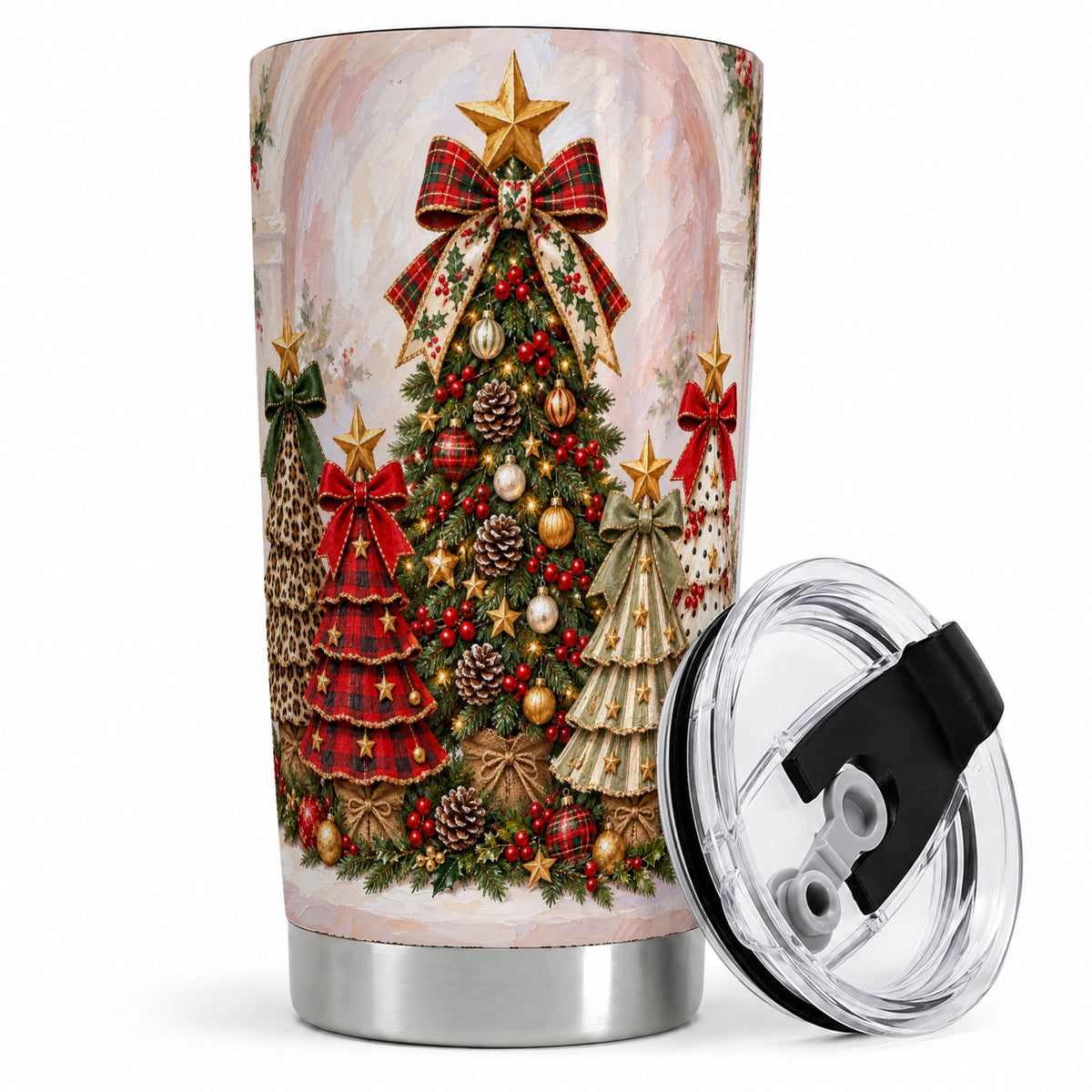 Patterned Christmas Trees Tumbler, 20oz Stainless Steel Holiday Cup
