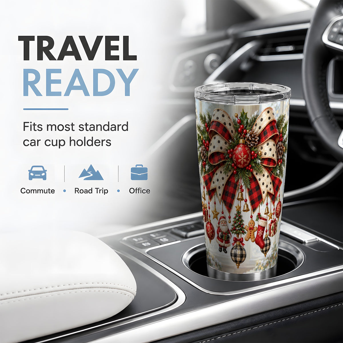 Plaid Christmas Bow Tumbler, 20oz Stainless Steel Ornament Design