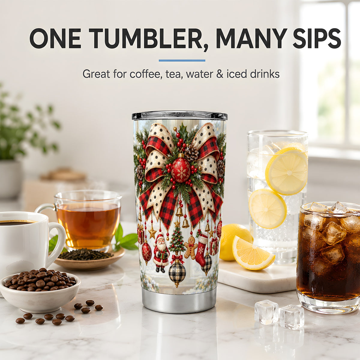 Plaid Christmas Bow Tumbler, 20oz Stainless Steel Ornament Design