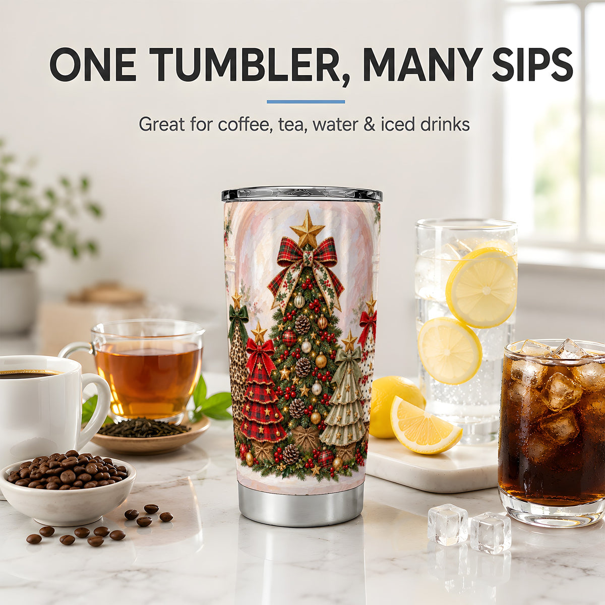 Patterned Christmas Trees Tumbler, 20oz Stainless Steel Holiday Cup