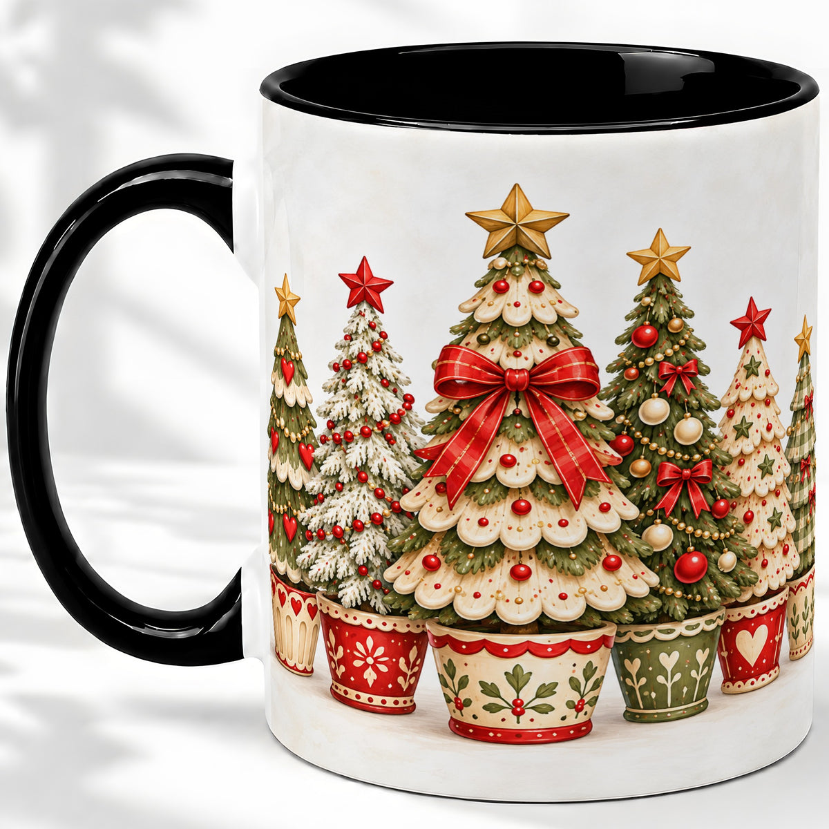 #pl[11oz|Black] Potted Christmas Trees Accent Mug, Ceramic Holiday Coffee Cup