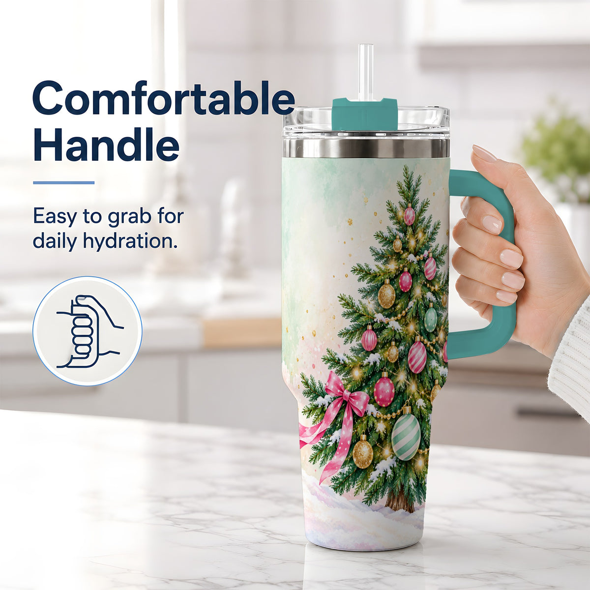 #pl[40oz|Green] Pastel Christmas Tree Tumbler, 40oz Handled Stainless Steel Drinkware