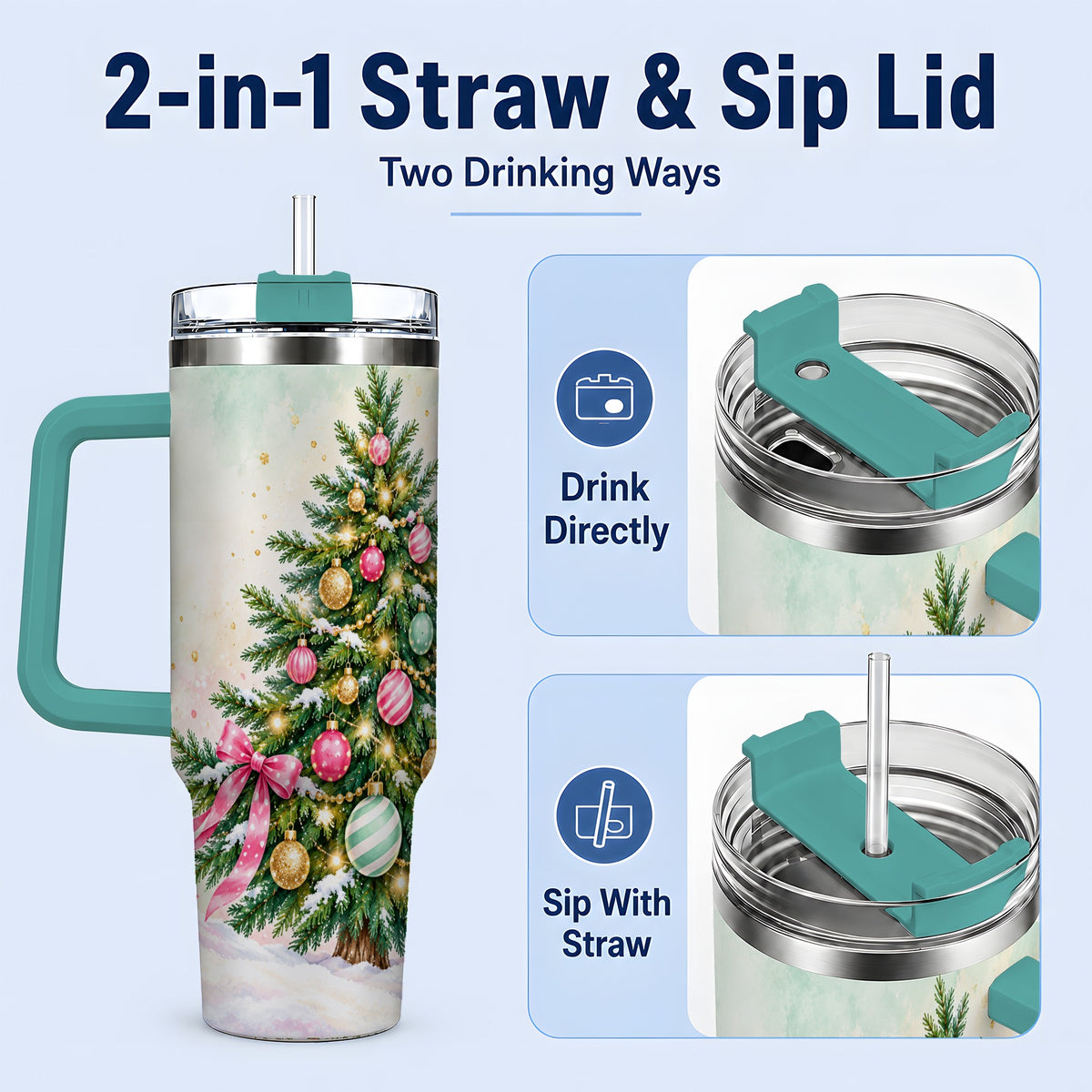 #pl[40oz|Green] Pastel Christmas Tree Tumbler, 40oz Handled Stainless Steel Drinkware
