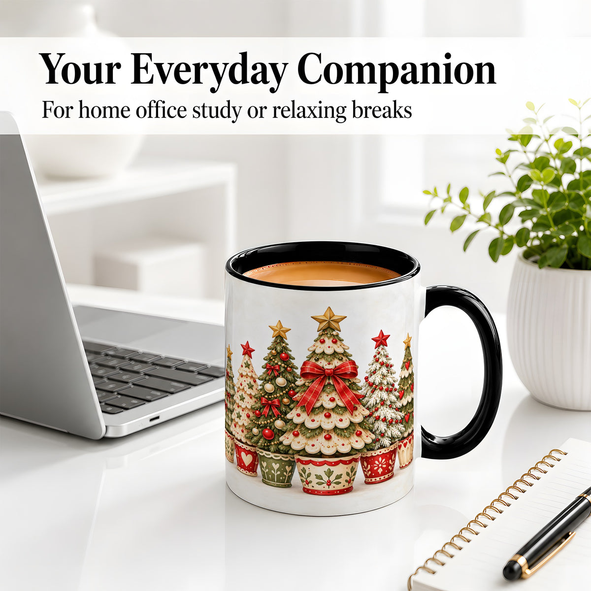 #pl[11oz|Black] Potted Christmas Trees Accent Mug, Ceramic Holiday Coffee Cup