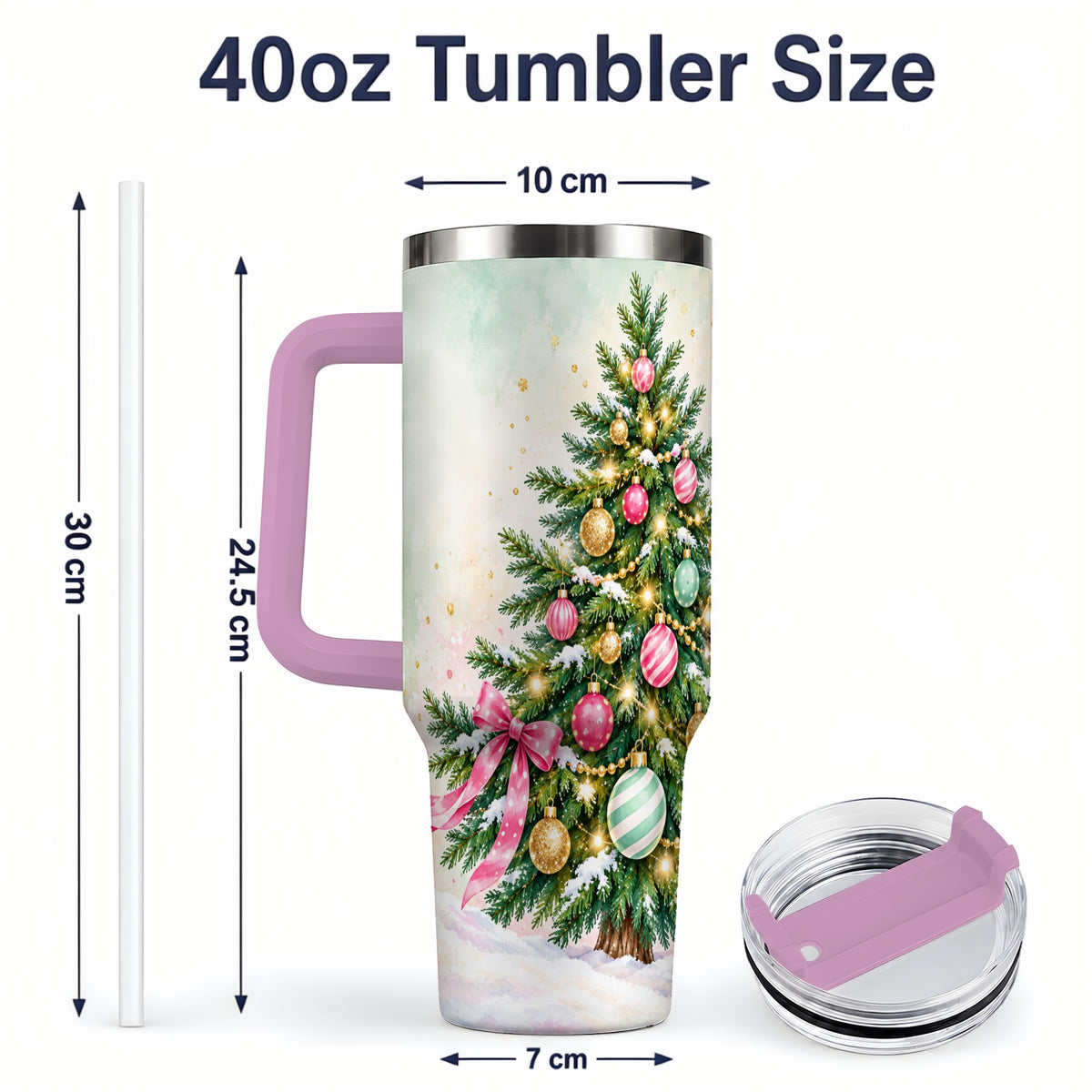#pl[40oz|Pink] Pastel Christmas Tree Tumbler, 40oz Handled Stainless Steel Drinkware