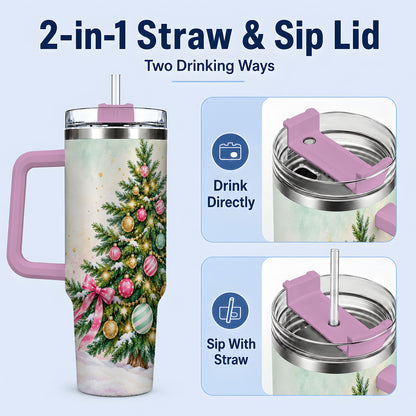 #pl[40oz|Pink] Pastel Christmas Tree Tumbler, 40oz Handled Stainless Steel Drinkware