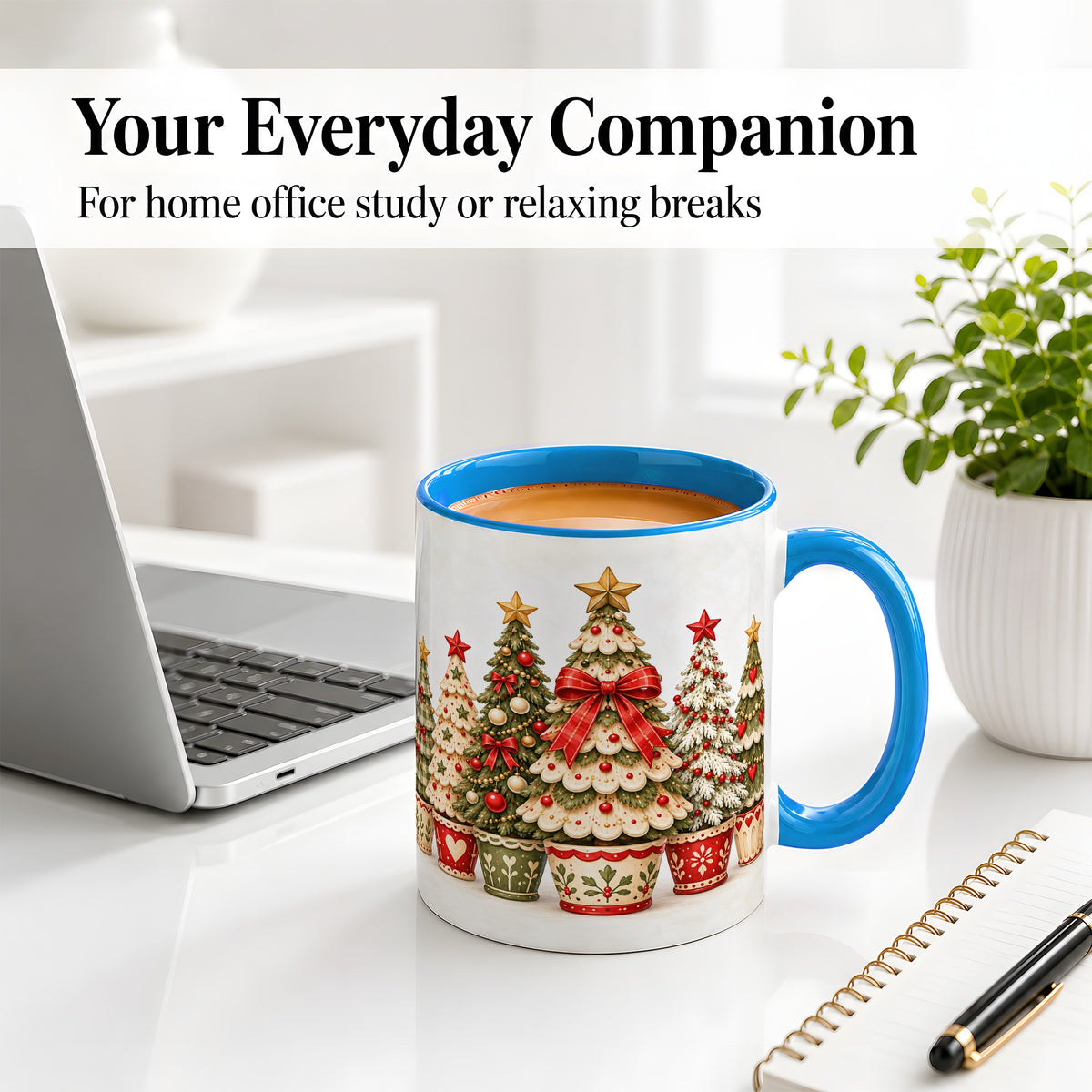 #pl[11oz|Blue] Potted Christmas Trees Accent Mug, Ceramic Holiday Coffee Cup