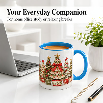 #pl[11oz|Blue] Potted Christmas Trees Accent Mug, Ceramic Holiday Coffee Cup