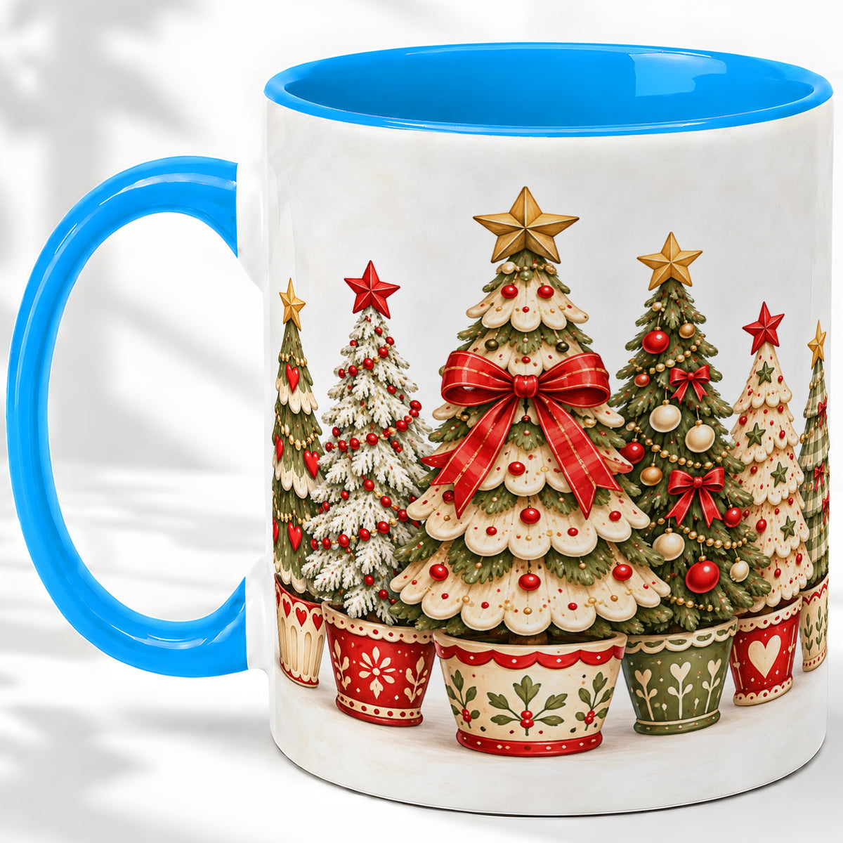 #pl[11oz|Blue] Potted Christmas Trees Accent Mug, Ceramic Holiday Coffee Cup