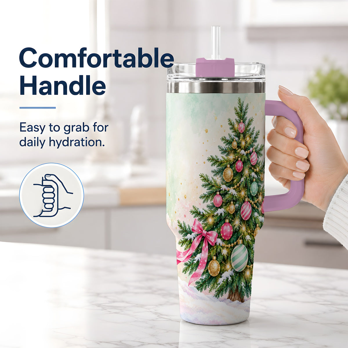 #pl[40oz|Pink] Pastel Christmas Tree Tumbler, 40oz Handled Stainless Steel Drinkware