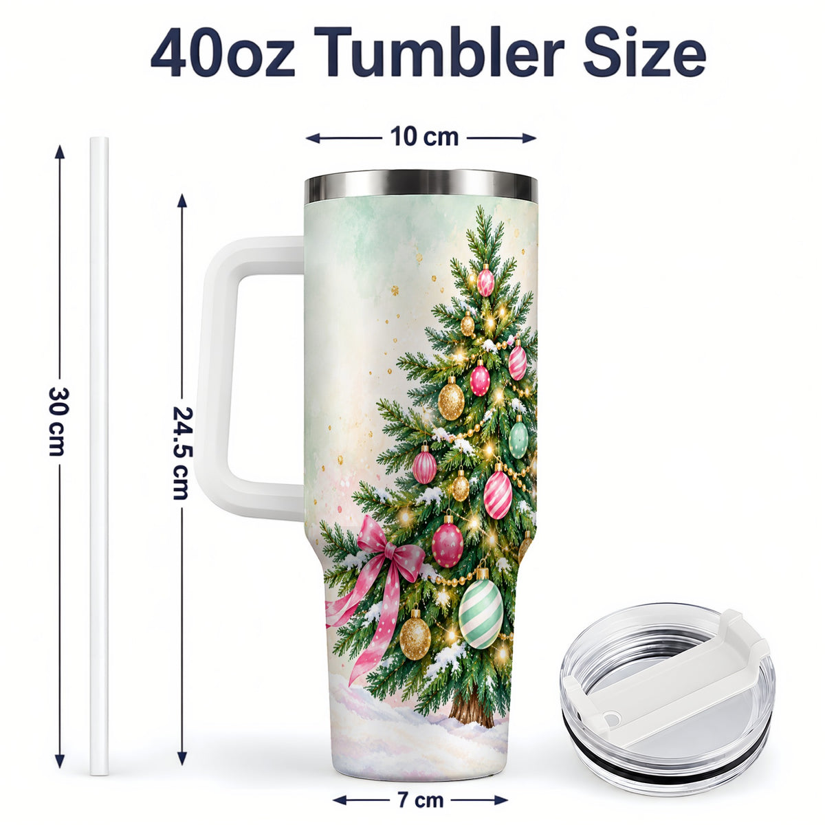#pl[40oz|White] Pastel Christmas Tree Tumbler, 40oz Handled Stainless Steel Drinkware