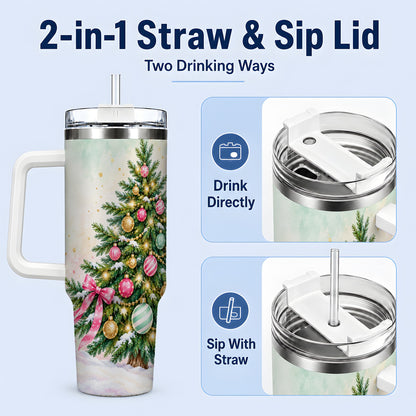 #pl[40oz|White] Pastel Christmas Tree Tumbler, 40oz Handled Stainless Steel Drinkware