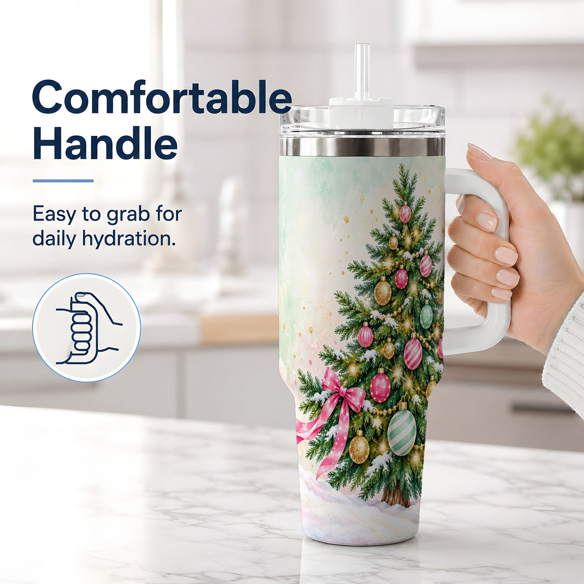 #pl[40oz|White] Pastel Christmas Tree Tumbler, 40oz Handled Stainless Steel Drinkware