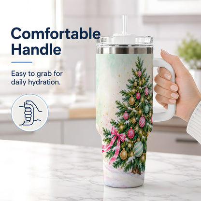 #pl[40oz|White] Pastel Christmas Tree Tumbler, 40oz Handled Stainless Steel Drinkware