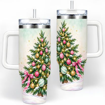 Pastel Christmas Tree Tumbler, 40oz Handled Stainless Steel Drinkware
