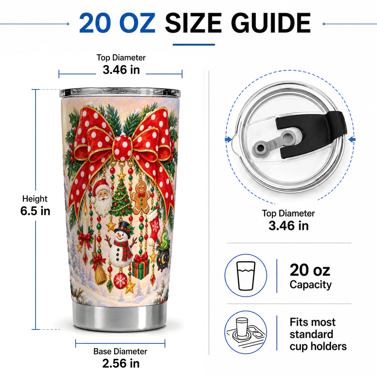 #pl[20oz|Steel] Christmas Bow Tumbler, 20oz Stainless Steel Cup with Festive Charms