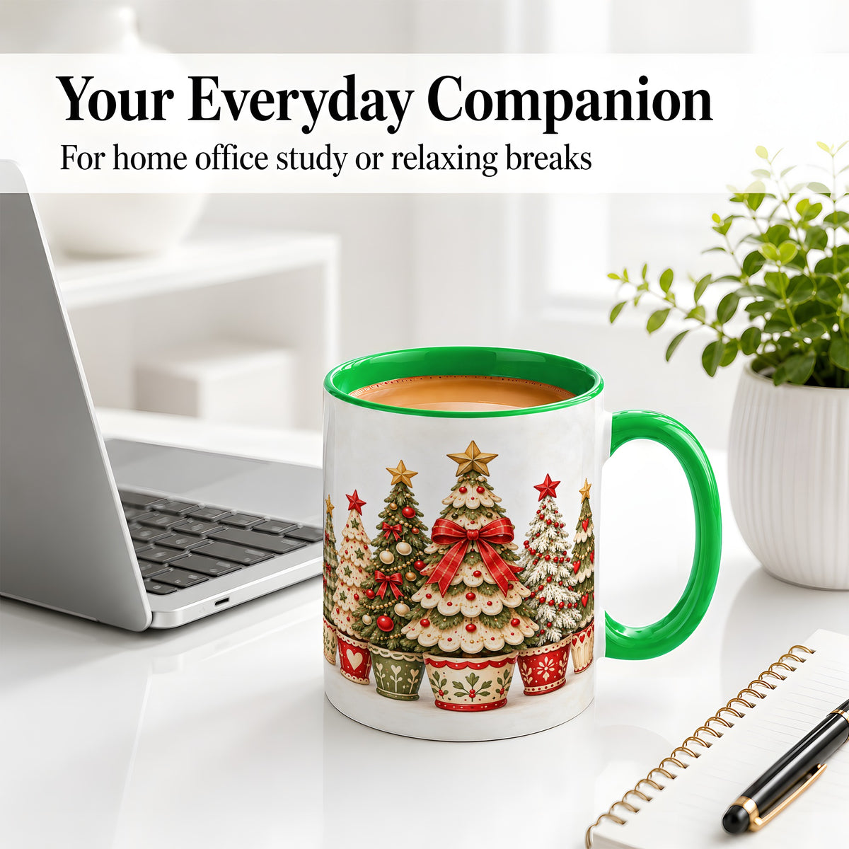 #pl[11oz|Green] Potted Christmas Trees Accent Mug, Ceramic Holiday Coffee Cup