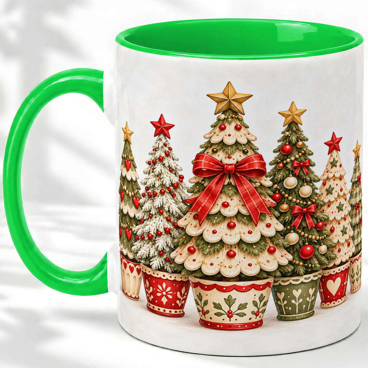 #pl[11oz|Green] Potted Christmas Trees Accent Mug, Ceramic Holiday Coffee Cup