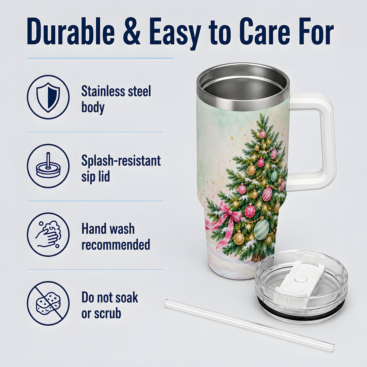 Pastel Christmas Tree Tumbler, 40oz Handled Stainless Steel Drinkware