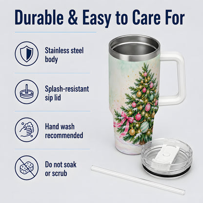 Pastel Christmas Tree Tumbler, 40oz Handled Stainless Steel Drinkware