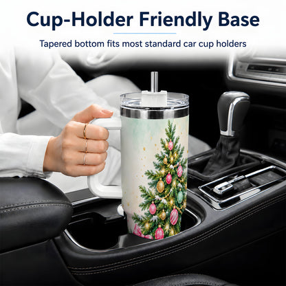 Pastel Christmas Tree Tumbler, 40oz Handled Stainless Steel Drinkware