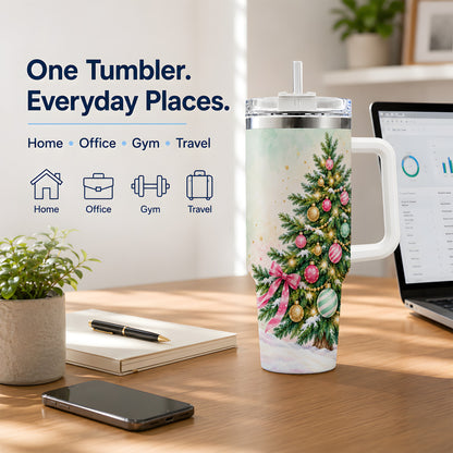 Pastel Christmas Tree Tumbler, 40oz Handled Stainless Steel Drinkware