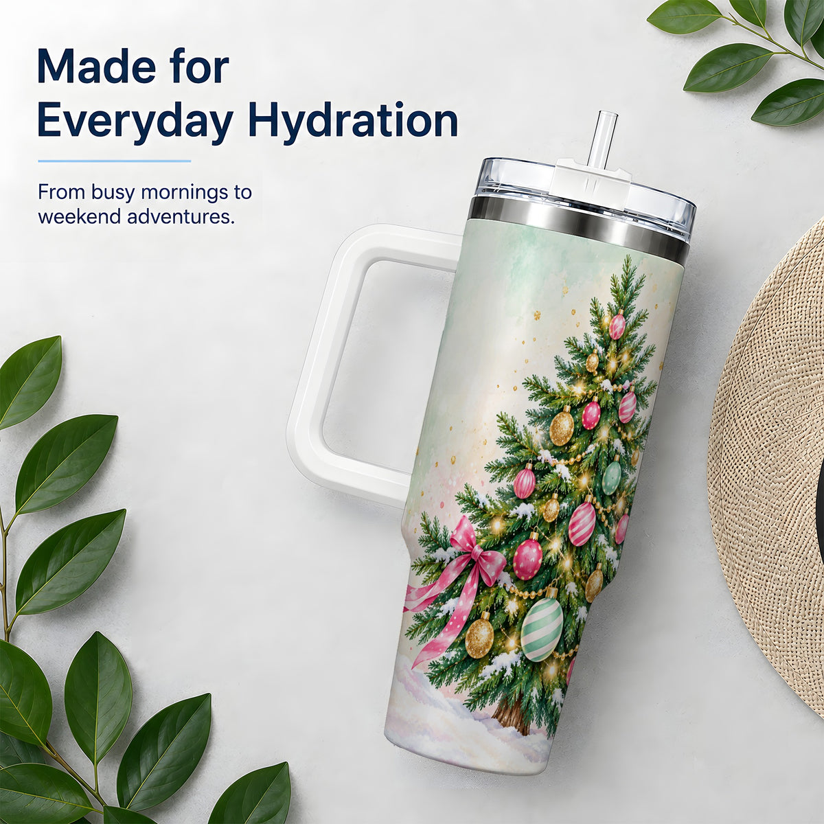 Pastel Christmas Tree Tumbler, 40oz Handled Stainless Steel Drinkware