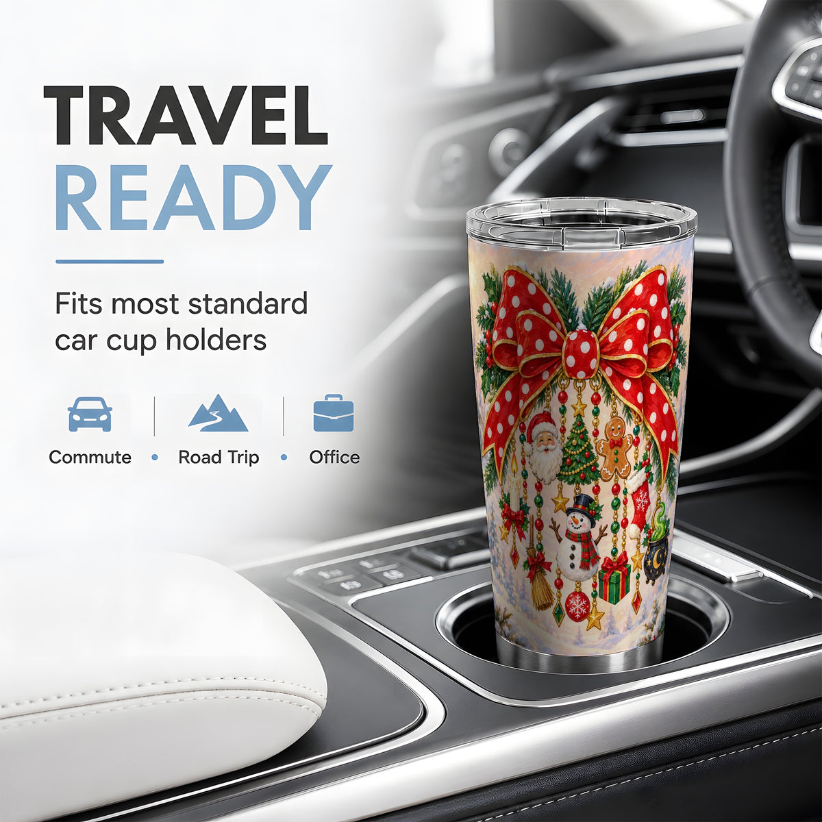 Christmas Bow Tumbler, 20oz Stainless Steel Cup with Festive Charms