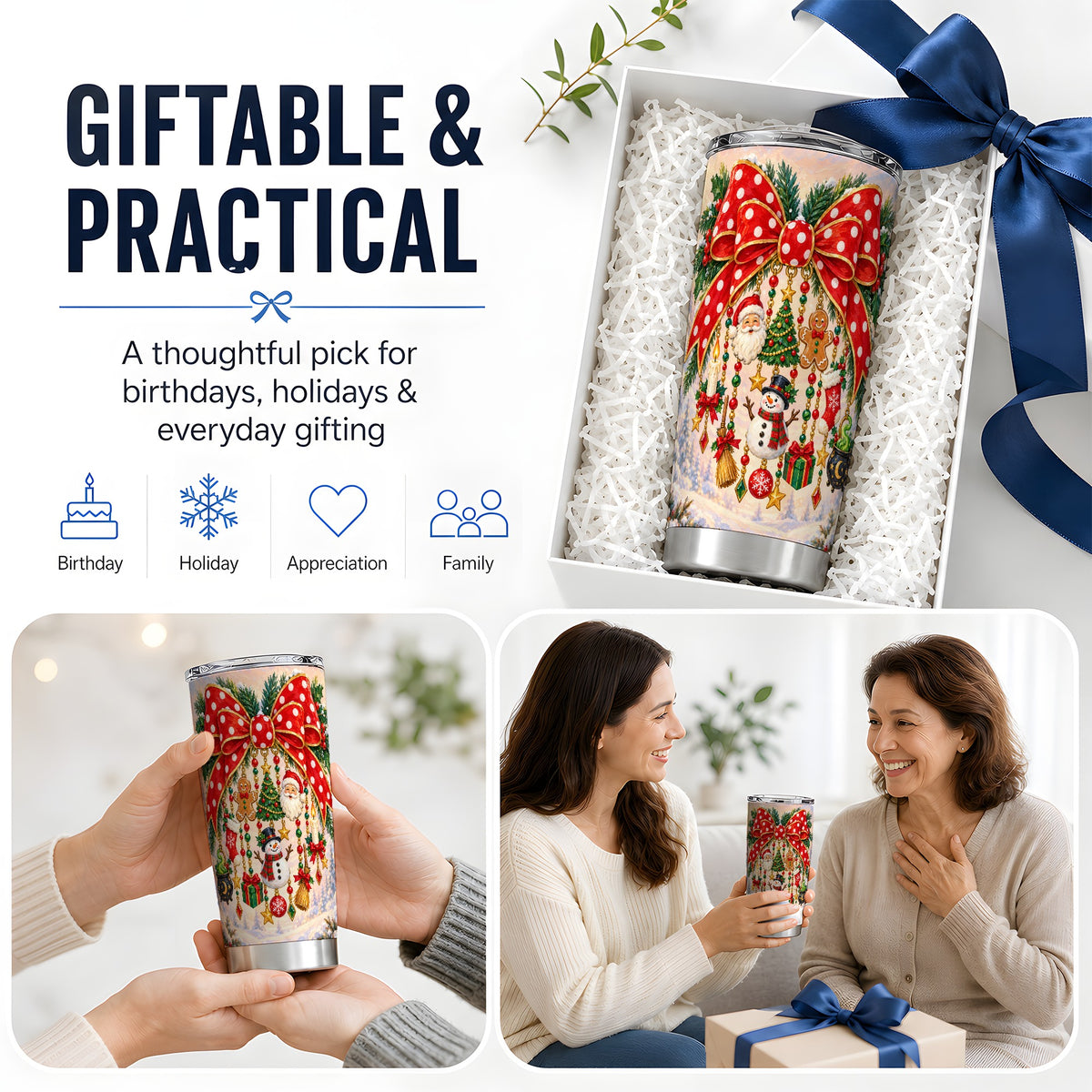 Christmas Bow Tumbler, 20oz Stainless Steel Cup with Festive Charms