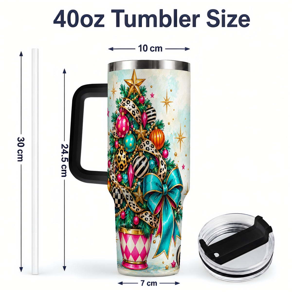 #pl[40oz|Black] Colorful Christmas Tree Tumbler, 40oz Handled Stainless Steel Cup