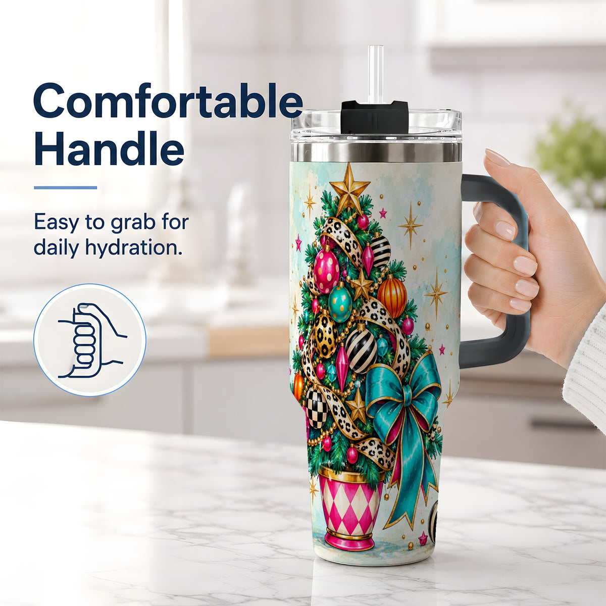 #pl[40oz|Black] Colorful Christmas Tree Tumbler, 40oz Handled Stainless Steel Cup
