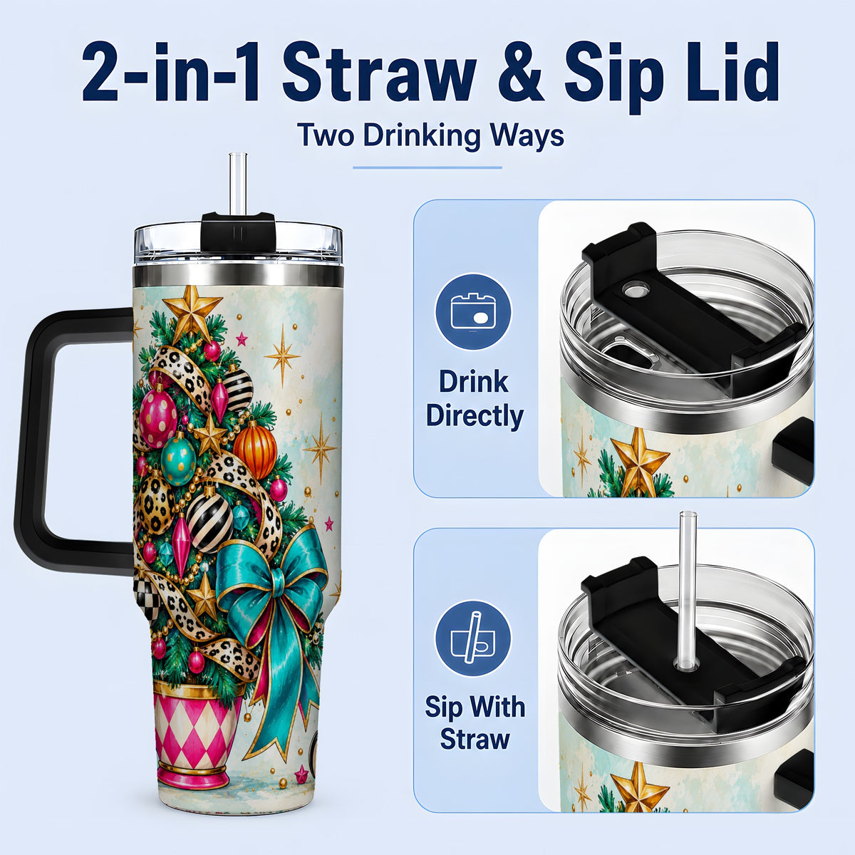 #pl[40oz|Black] Colorful Christmas Tree Tumbler, 40oz Handled Stainless Steel Cup